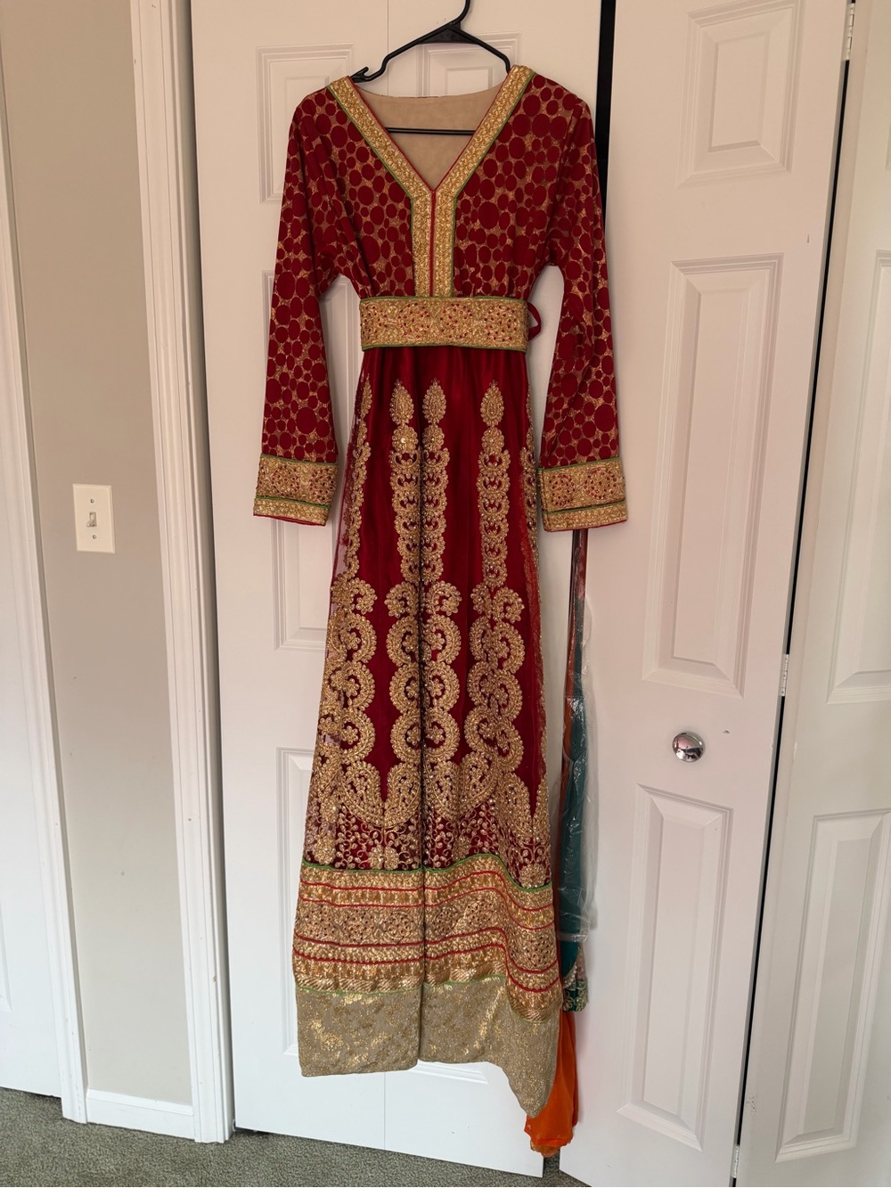 Gold-Embellished Red Long Sleeve Maxi dress gown